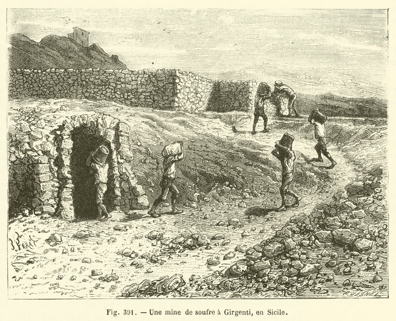 En svavelgruva i Girgenti, Sicilien (gravyr) av French School