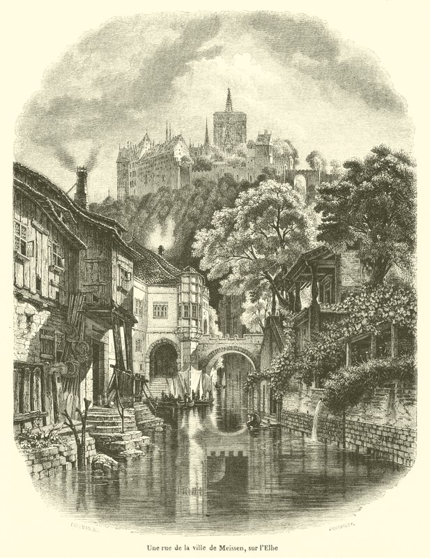 En gata i staden Meissen, på Elbe (gravyr) av French School