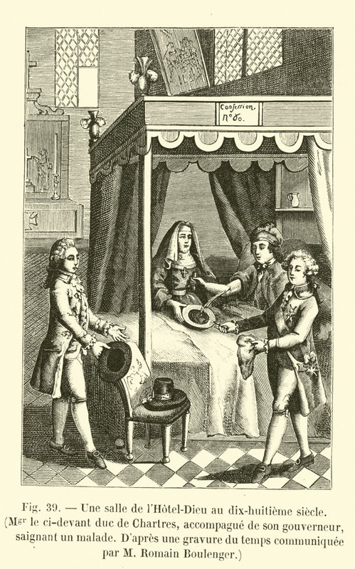 Ett rum på Hotel-Dieu på 1700-talet, Mgr ci-devant hertigen av Chartres, åtföljd av sin guvernör, blöder en patient, efter en gravyr av tiden meddelad av M Romain Boulenger (eng. av French School