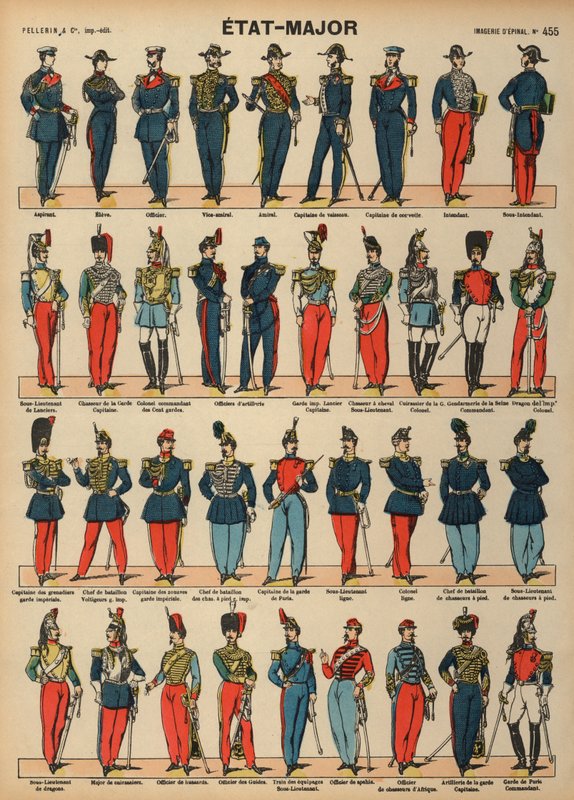 Franska militärens uniformer (färgad gravyr) av French School