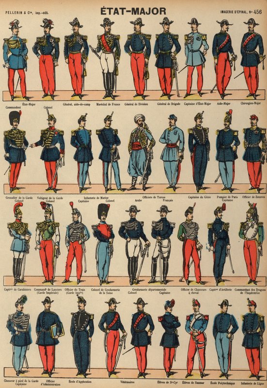 Franska militärens uniformer (färgad gravyr) av French School