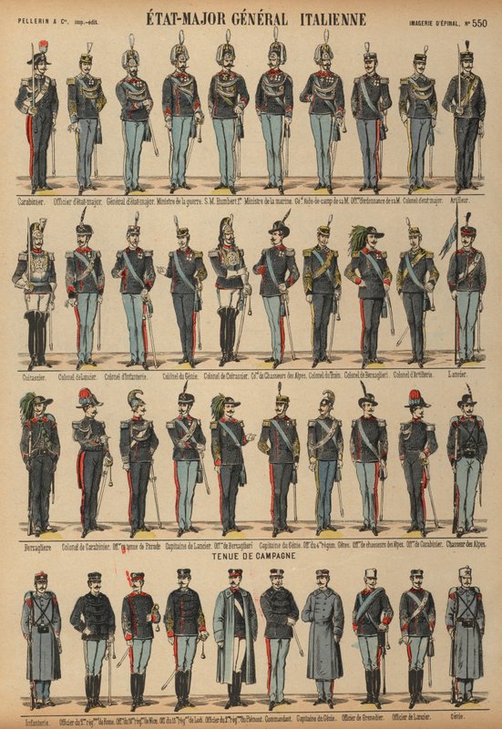 Uniformer från den italienska armén (färgad gravyr) av French School