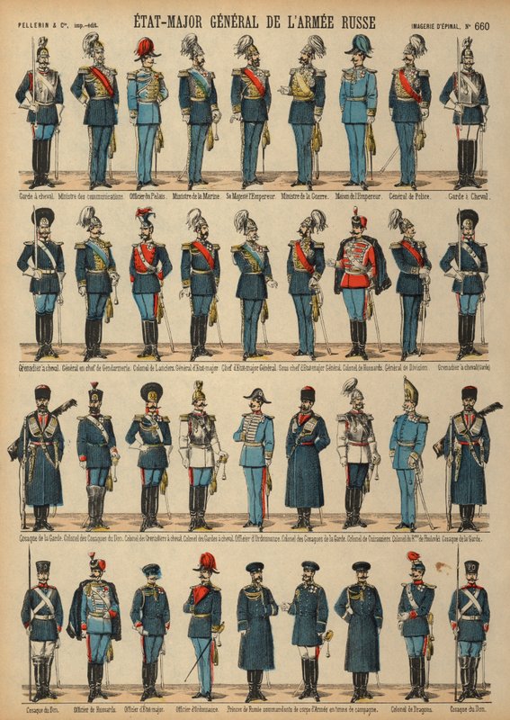Uniformer av den ryska armén (färgad gravyr) av French School