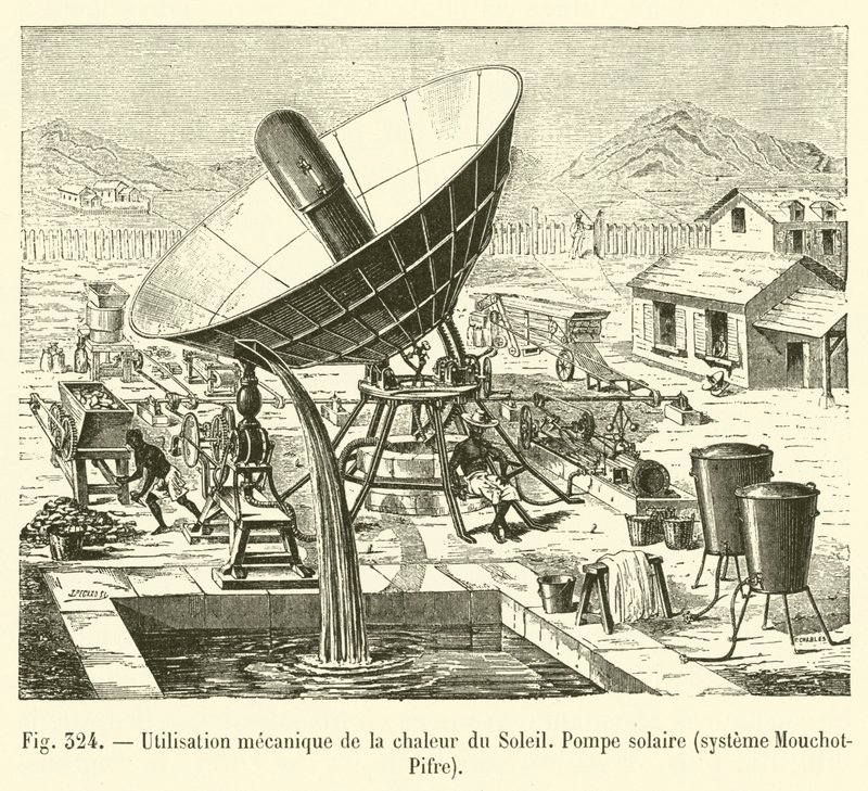 Mekanisk användning av solens värme, solpump, Mouchot-Pifre-system (gravyr) av French School