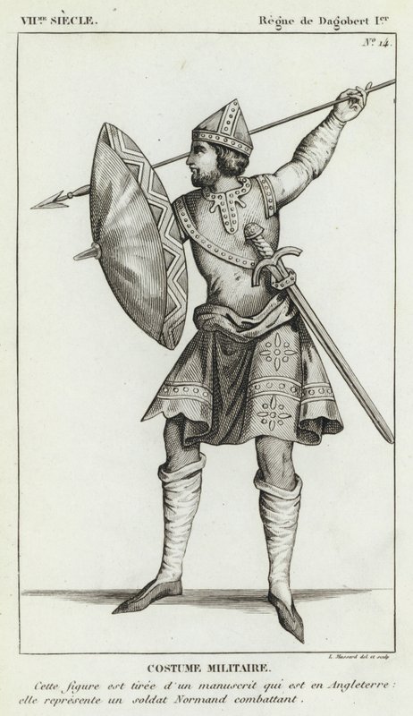 VII Century, Reign of Dagobert I, Militärdräkt (gravyr) av French School