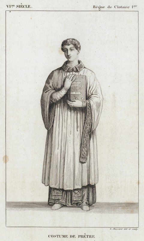 VI Century, Reign of Clotaire I, Prästdräkt (gravyr) av French School