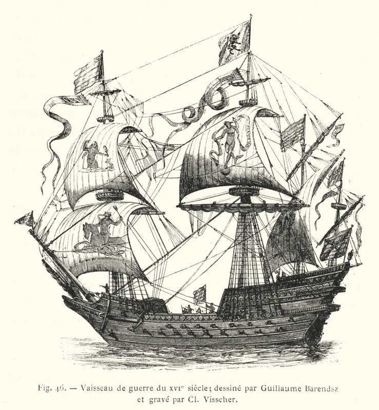 1500-talets krigsskepp; tecknad av Guillaume Barendsz och graverad av Cl Visscher (gravyr) av French School