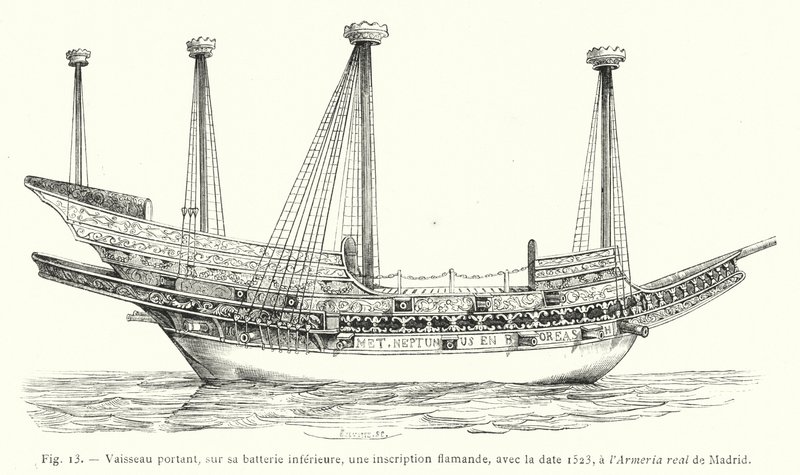 Fartyg med, på sitt nedre batteri, en flamländsk inskription, med datum 1523, vid Armeria real de Madrid (gravyr) av French School