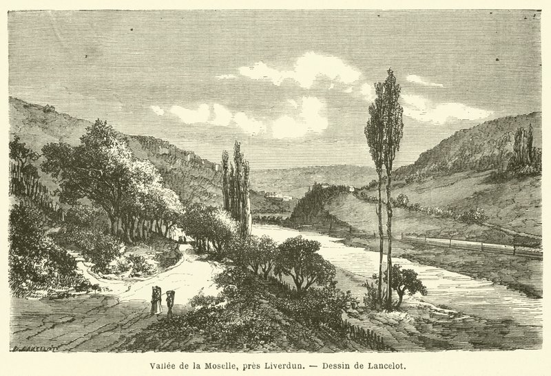 Moseldalen, nära Liverdun (gravyr) av French School