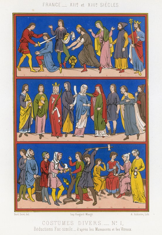 Olika dräkter från 1100- och 1200-talets Frankrike av French School