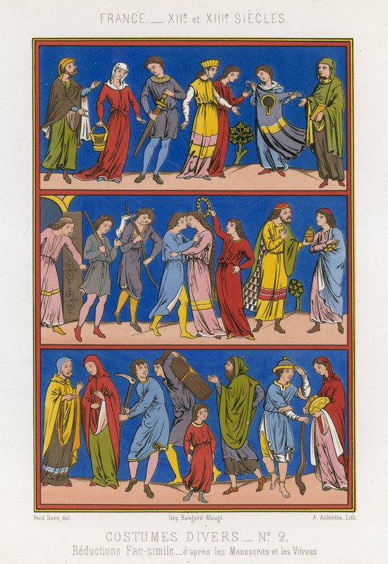Olika dräkter från 1100- och 1200-talets Frankrike av French School