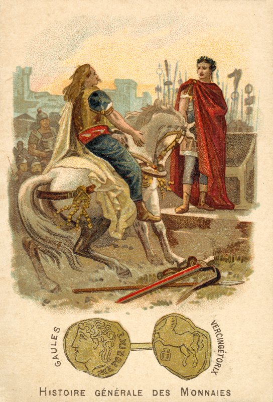 Vercingetorix underkastar sig Julius Caesar, 52 f.Kr. (kromolit) av French School