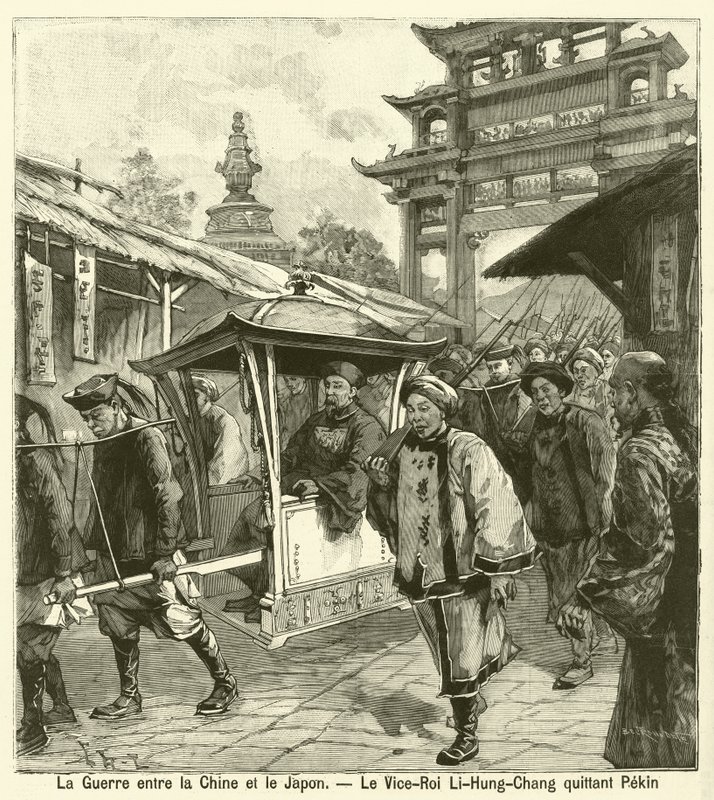 Vicekungen Li Hongzhang lämnar Peking under det första kinesisk-japanska kriget (gravyr) av French School
