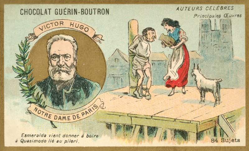 Victor Hugo, fransk författare, och en scen ur hans roman Notre Dame de Paris (chromolitho) av French School