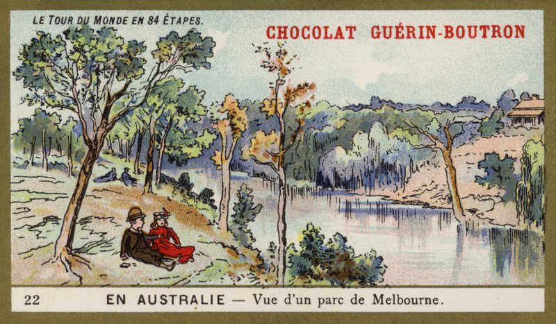 Utsikt över en park i Melbourne, Australien (chromolitho) av French School