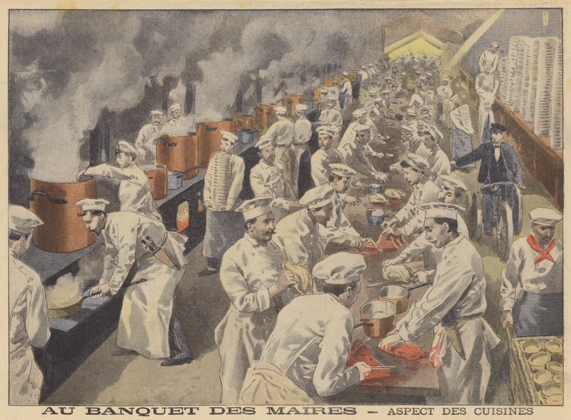 Utsikt över köken för banketten för borgmästarna i Frankrike (färg litho) av French School