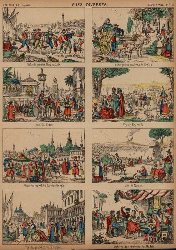 Utsikter från hela världen (färgad gravyr) av French School
