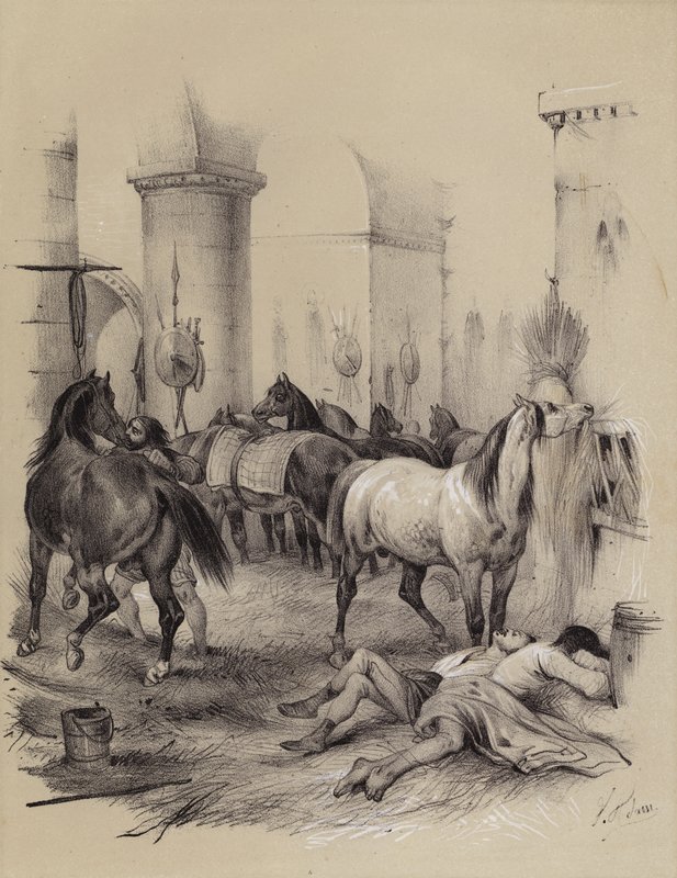Vikingar använder Karl den Stores katedral i Aachen som stall, 882 (litho) av French School