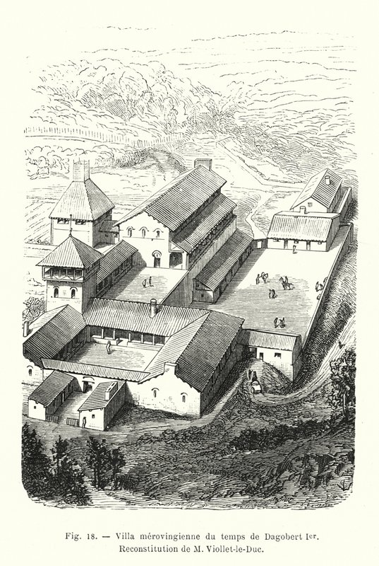 Merovingervilla från Dagobert I:s tid, Rekonstruktion av M Viollet-le-Duc (gravyr) av French School