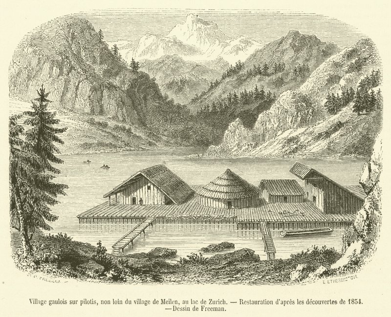 Gallisk by på pålar, inte långt från byn Meilen, vid Zürichsjön (gravyr) av French School