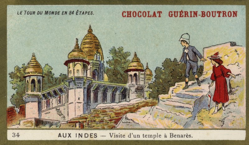 Besök i ett tempel i Benares, Indien (chromolitho) av French School