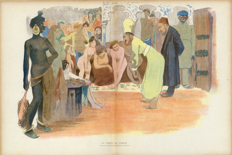 Besök i Harem, Illustration för Le Rire (färg litho) av French School