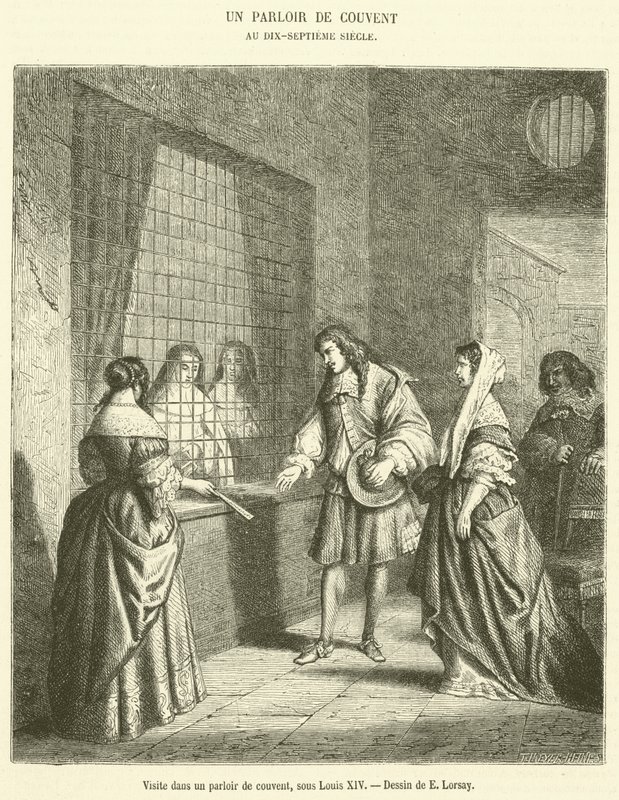 Besök i en klostersalong under Ludvig XIV (gravyr) av French School