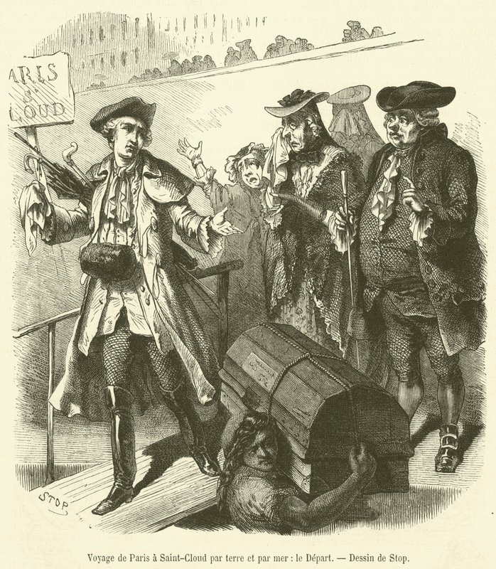 Resa från Paris till Saint-Cloud till lands och till sjöss, Le Depart (gravyr) av French School
