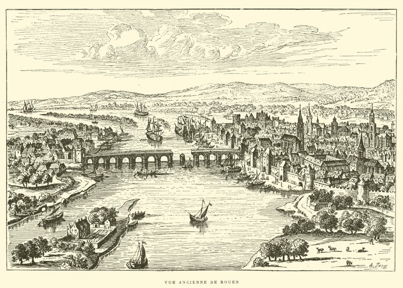 Gammal utsikt över Rouen (gravyr) av French School