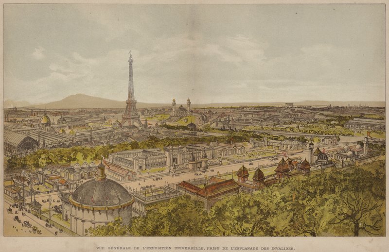 Allmän bild av den universella utställningen, tagen från Esplanade des Invalides (färgad gravyr) av French School
