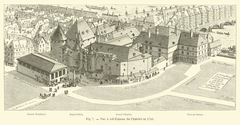 Fågelperspektiv över Chatelet 1750 av French School