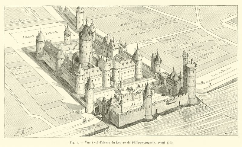 Fågelperspektiv av Louvren av Philippe-Auguste, före 1362 av French School