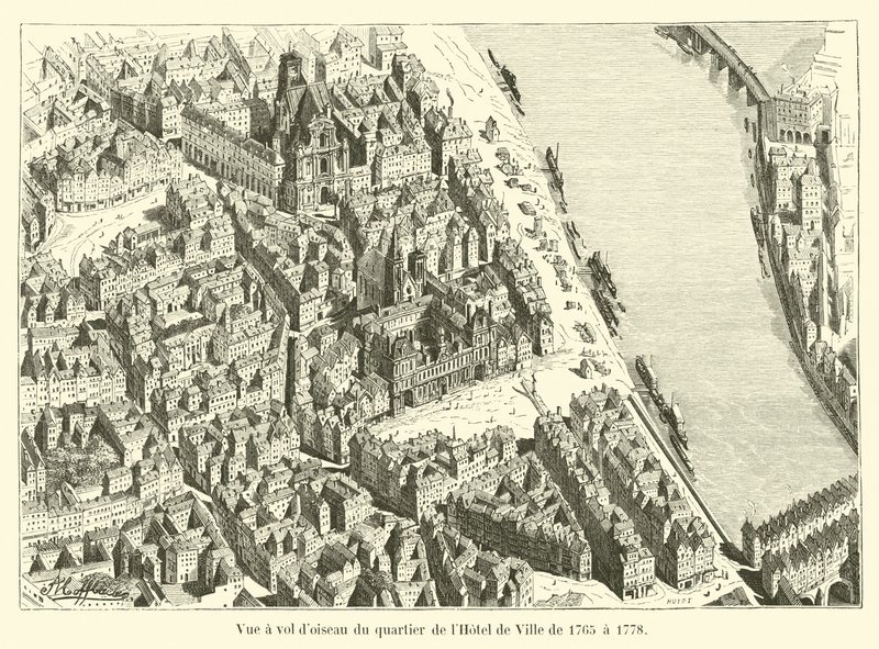 Fågelperspektiv över Hotel de Ville-distriktet från 1765 till 1778 av French School