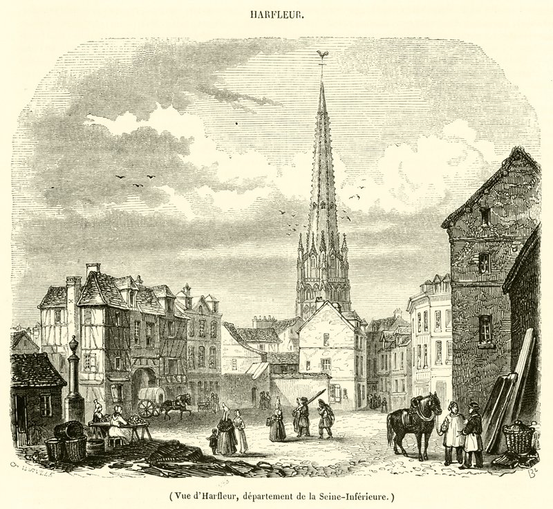 Utsikt över Harfleur, departementet Seine-Inferieure (gravyr) av French School