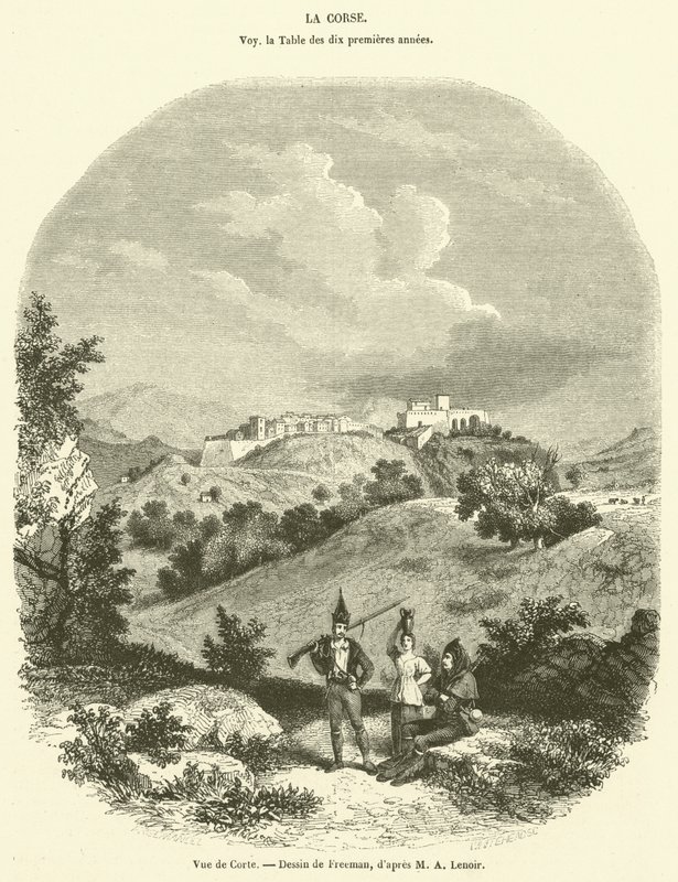 Vy över Corte (gravyr) av French School