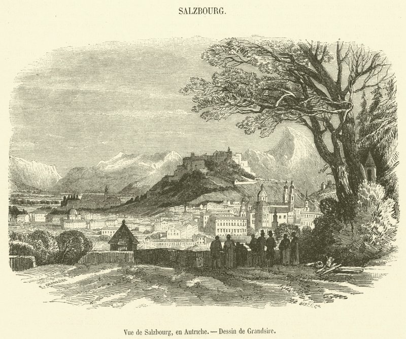 Vy över Salzburg, Österrike (gravyr) av French School
