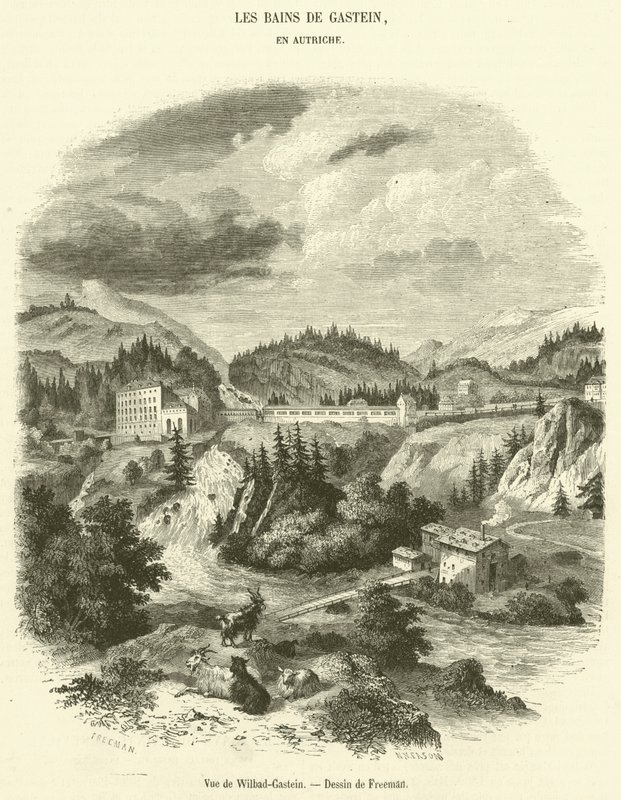 Vy över Wilbad-Gastein (gravyr) av French School