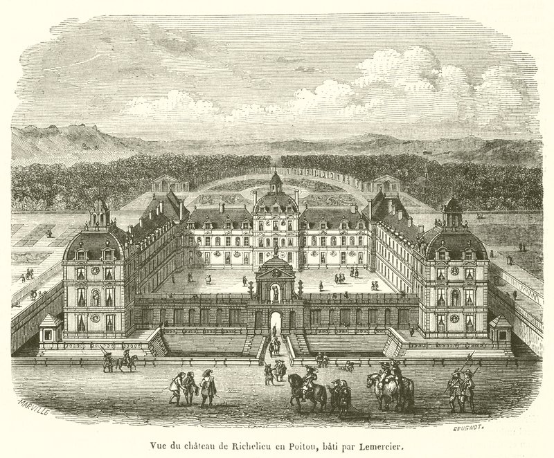 Utsikt över Chateau de Richelieu i Poitou, byggd av Lemercier (gravyr) av French School