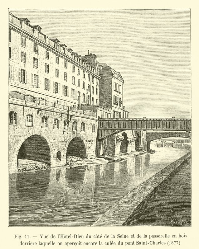 Utsikt över Hôtel-Dieu från sidan av Seine och träspången bakom vilken vi fortfarande kan se brofästet till Saint-Charles-bron, 1877 av French School