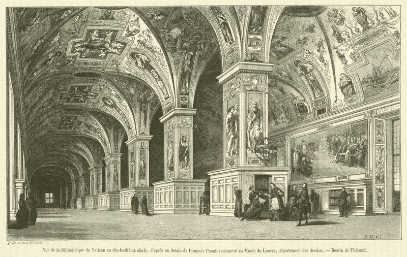 Utsikt över Vatikanens bibliotek på 1700-talet (gravyr) av French School