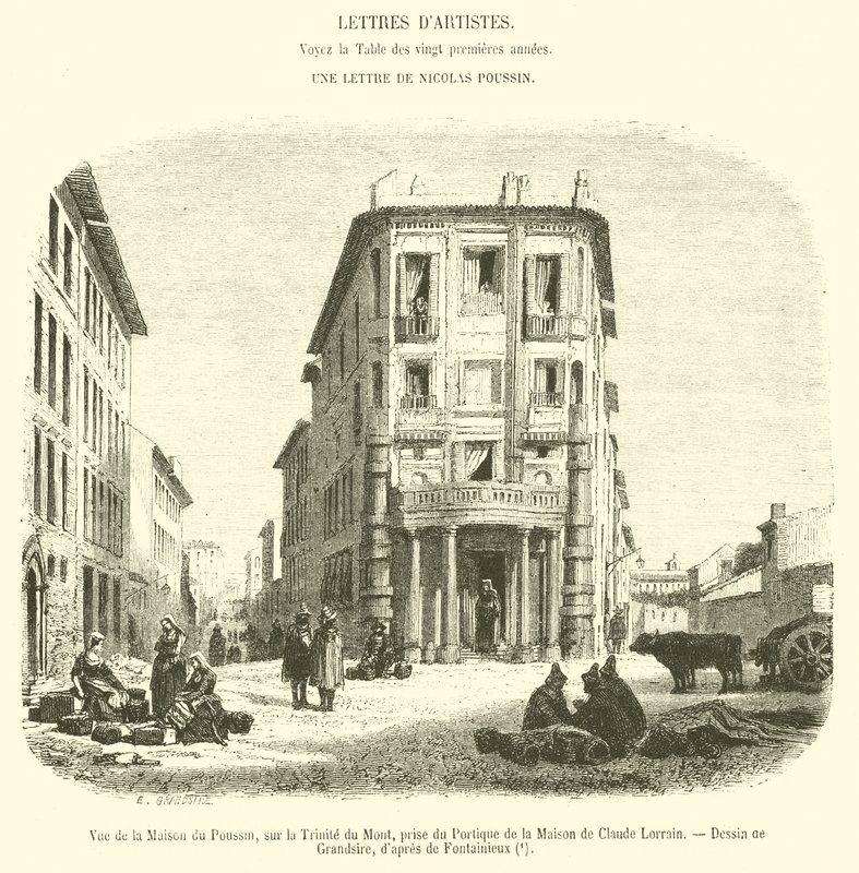 Utsikt över Maison du Poussin, på Trinite du Mont, tagen från portiken i huset av Claude Lorrain (gravyr) av French School