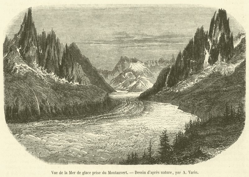 Utsikt över Mer de Glace tagen från Montanvert (gravyr) av French School