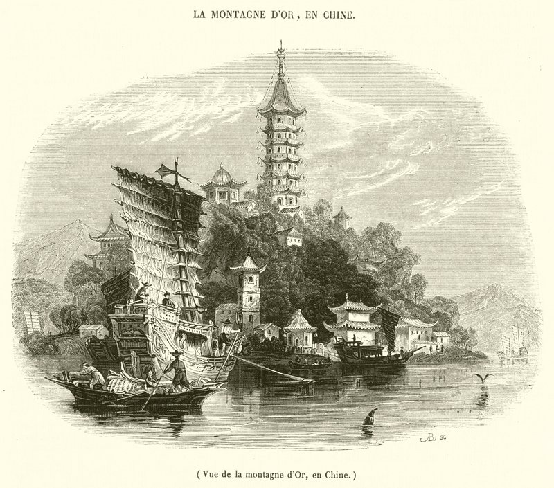 Utsikt över Golden Mountain, Kina (gravyr) av French School