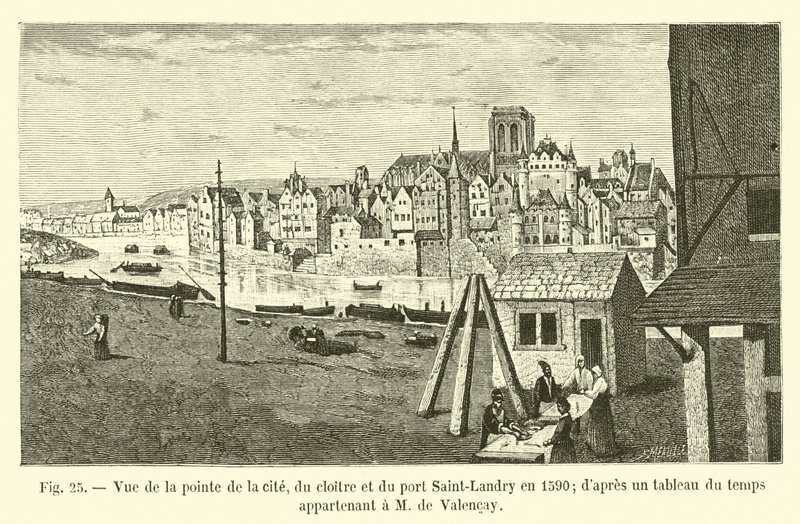 Utsikt över spetsen av staden, klostret och Saint-Landrys hamn 1590; från en tidtabell som tillhör M de Valencay av French School