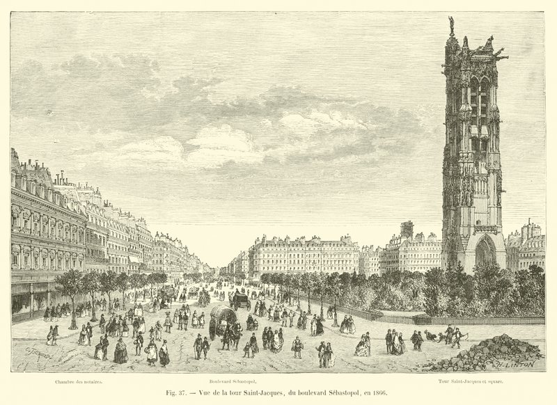 Utsikt över Tour Saint-Jacques, från Boulevard Sebastopol, 1866 av French School
