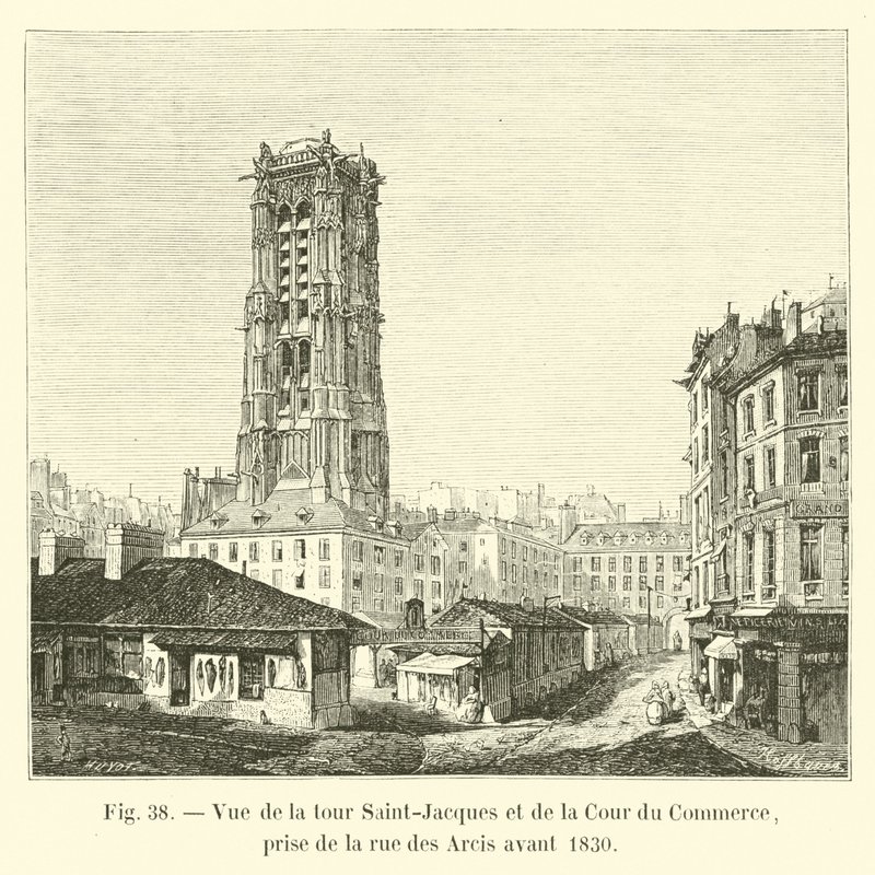 Utsikt över Saint-Jacques-tornet och Cour du Commerce, tagen från rue des Arcis före 1830 av French School