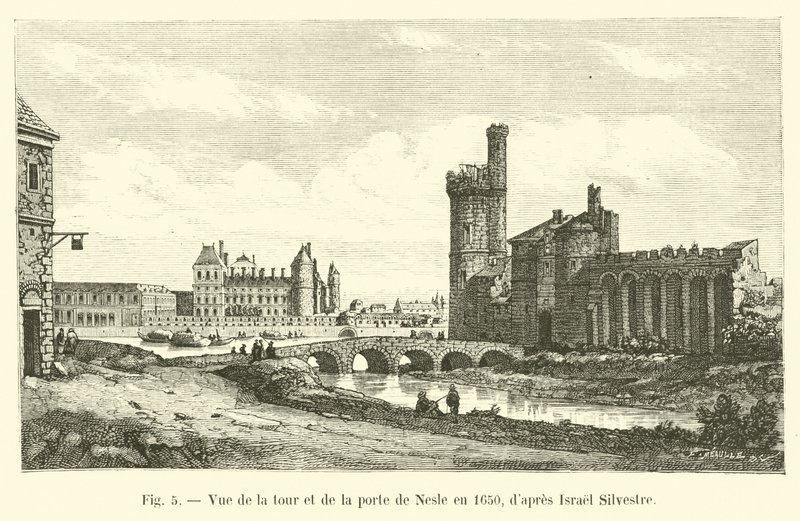 Utsikt över Nesle-tornet och porten 1650, efter Israel Silvestre av French School
