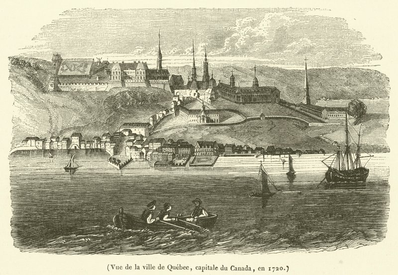 Utsikt över staden Quebec, Kanadas huvudstad, 1720 (gravyr) av French School