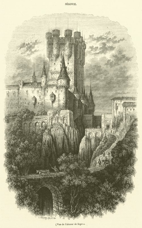Utsikt över Alcázar i Segovia (gravyr) av French School
