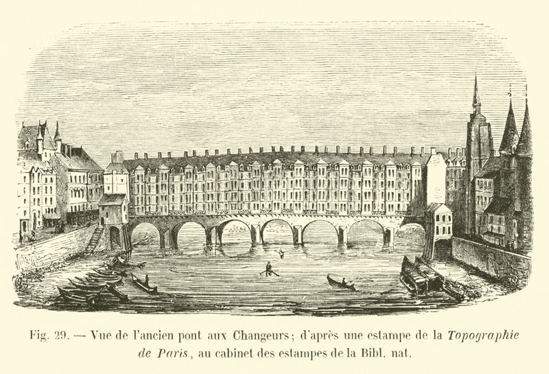 Vy över den gamla Changers-bron; efter ett tryck från Topografin i Paris, i tryckskåpet i Bibl nat av French School